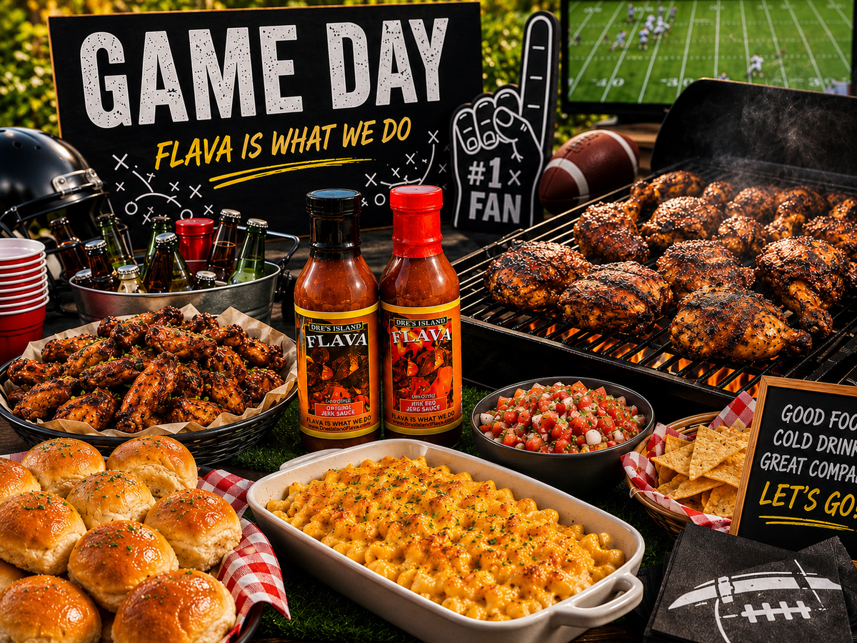Dre’s Island Flava Game Day catering spread